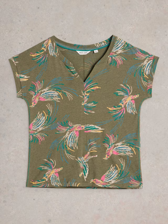 White Stuff Nelly Birds T-Shirt, Green/Multi