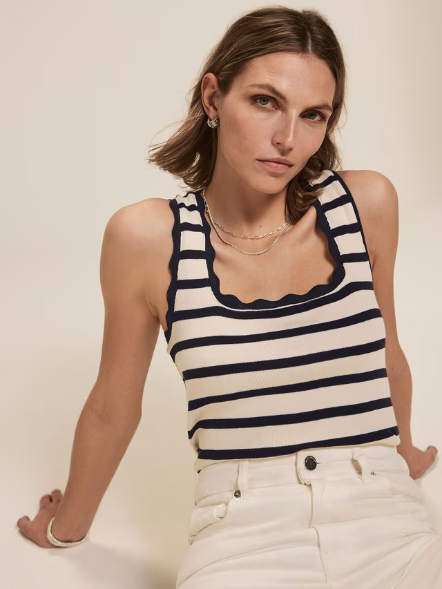 Mint Velvet Stripe Scallop Trim Vest Top, Blue Navy