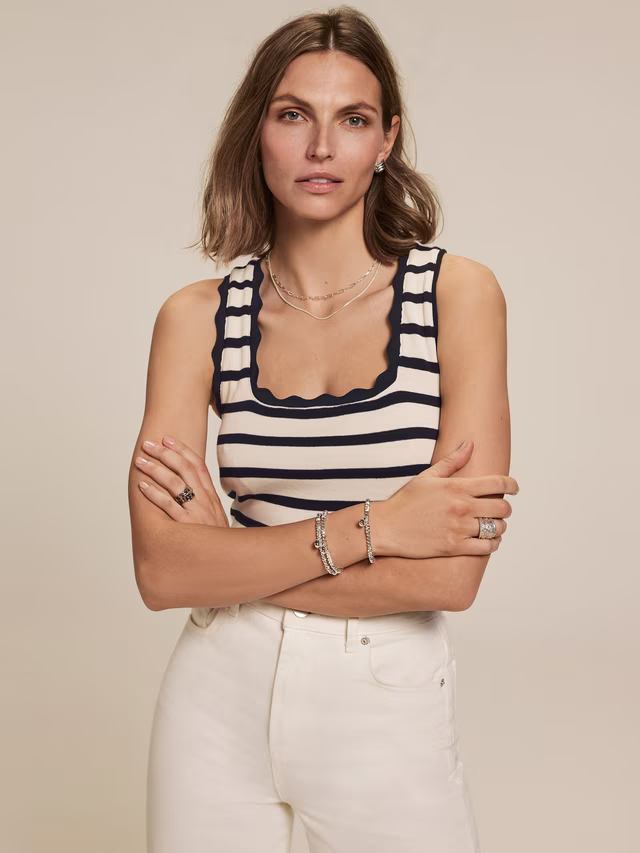 Mint Velvet Stripe Scallop Trim Vest Top, Blue Navy