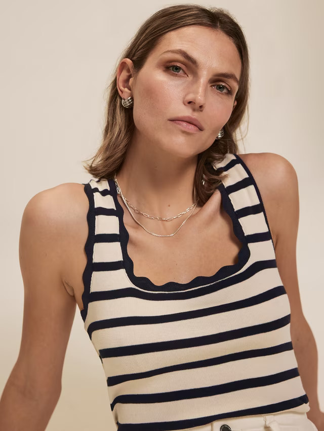 Mint Velvet Stripe Scallop Trim Vest Top, Blue Navy