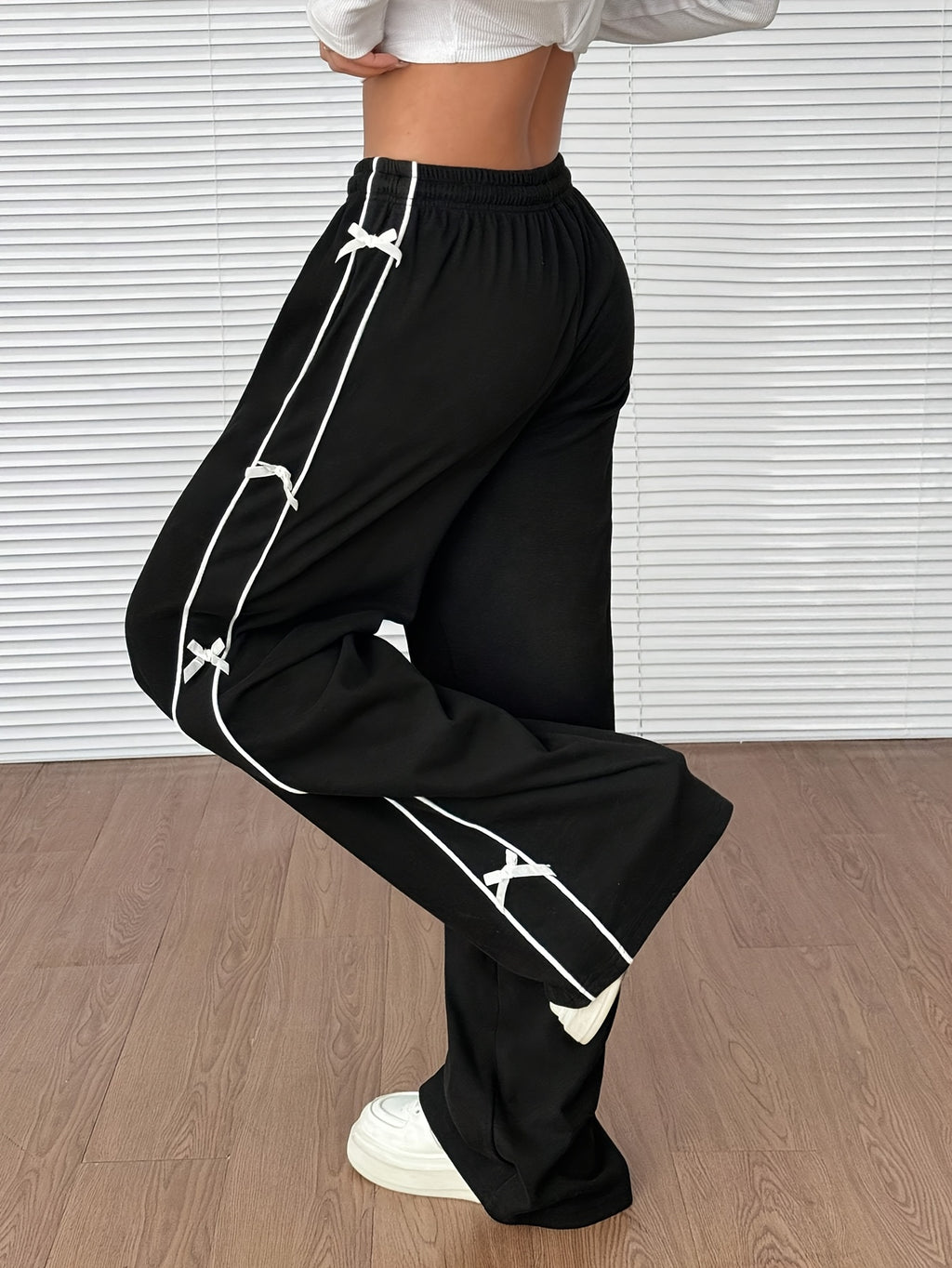 Women's Black Wide-Leg Pants with White Bow & Stripe Detail