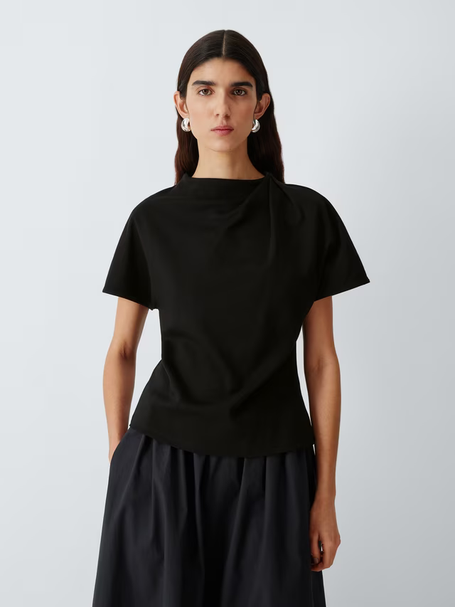 John Lewis Drape Neck Short Sleeve Cotton Top, Black