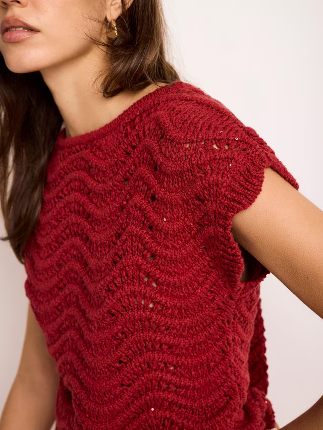 Mint Velvet Textured Metallic Knit Top, Red