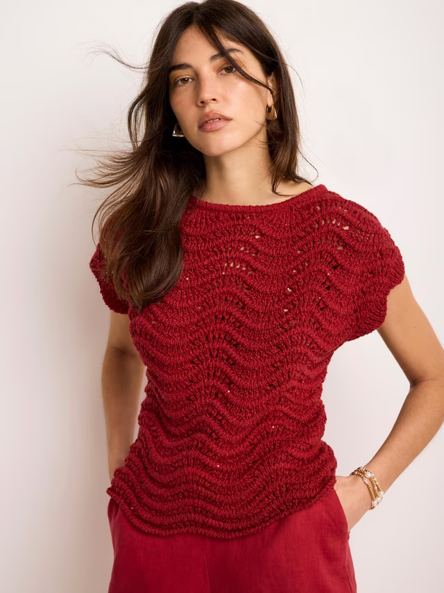 Mint Velvet Textured Metallic Knit Top, Red