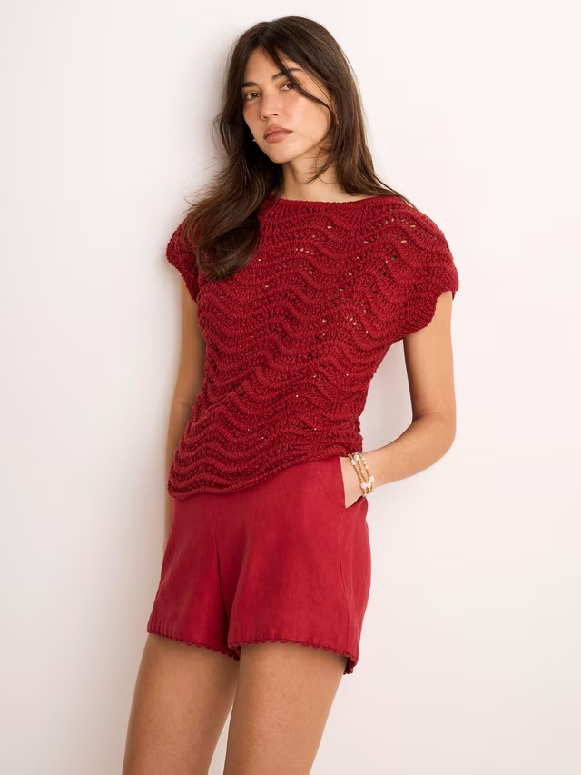 Mint Velvet Textured Metallic Knit Top, Red