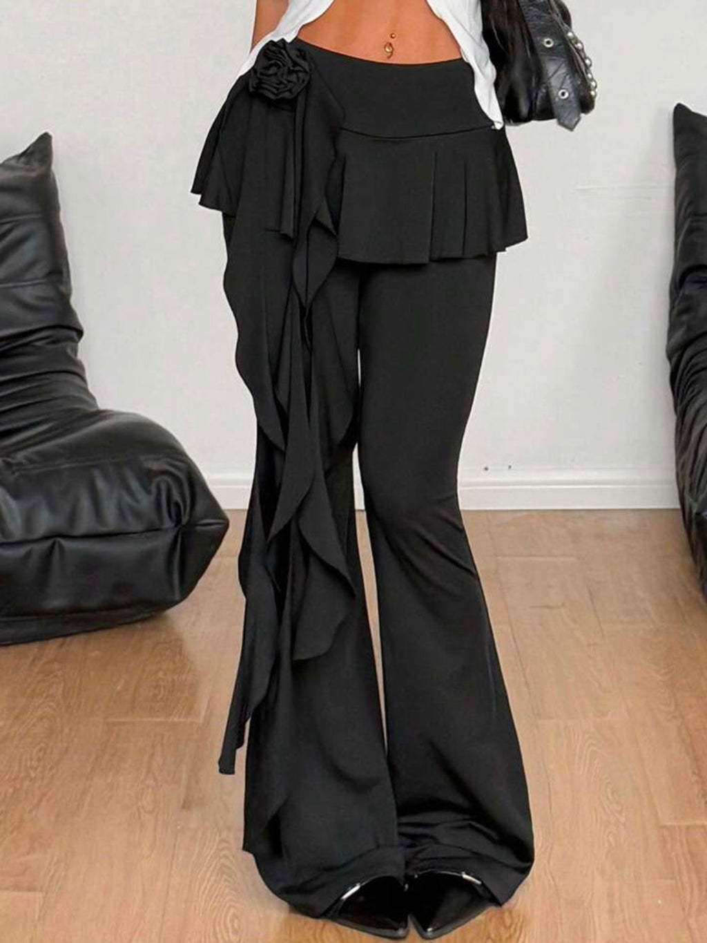 Women's Black Ruffled Flare Pants with Rose Detail