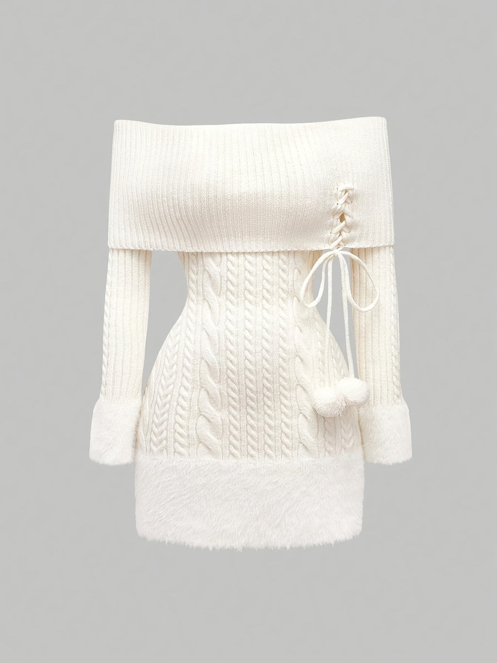 Women's White Off-Shoulder Cable Knit Mini Dress with Faux Fur Trim