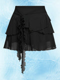 Women's Black Chiffon Ruffle Asymmetric Mini Skirt with Tie Detail