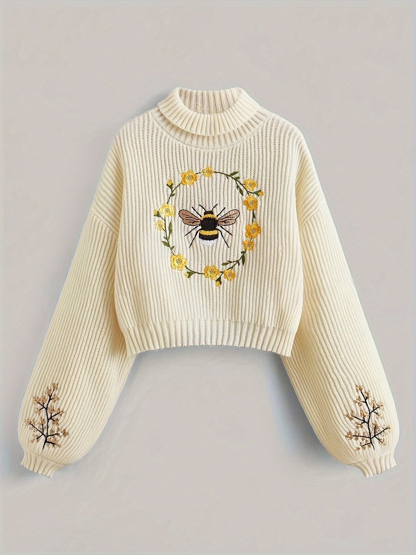 Women's Cream Turtleneck Cropped Sweater with Bee & Floral Embroidery