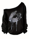 Women's Black Asymmetric Off-Shoulder Sweatshirt with Lip Print