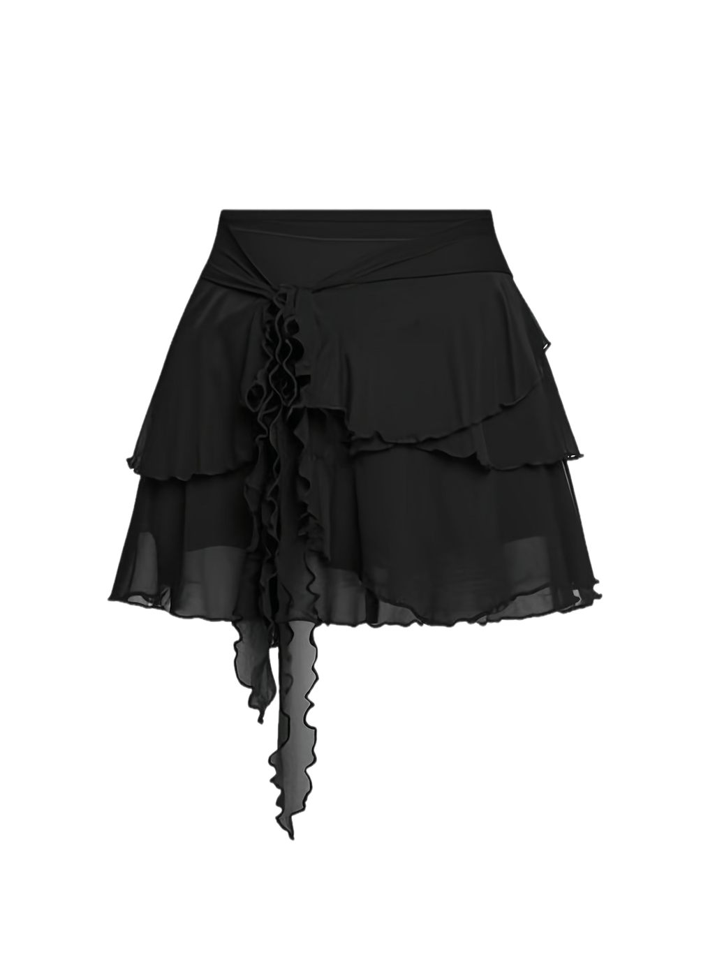Women's Black Chiffon Ruffle Asymmetric Mini Skirt with Tie Detail