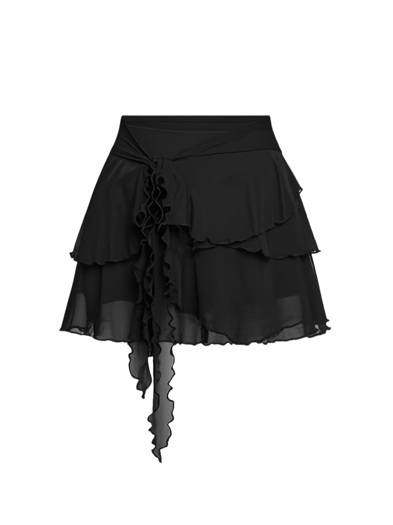 Women's Black Chiffon Ruffle Asymmetric Mini Skirt with Tie Detail