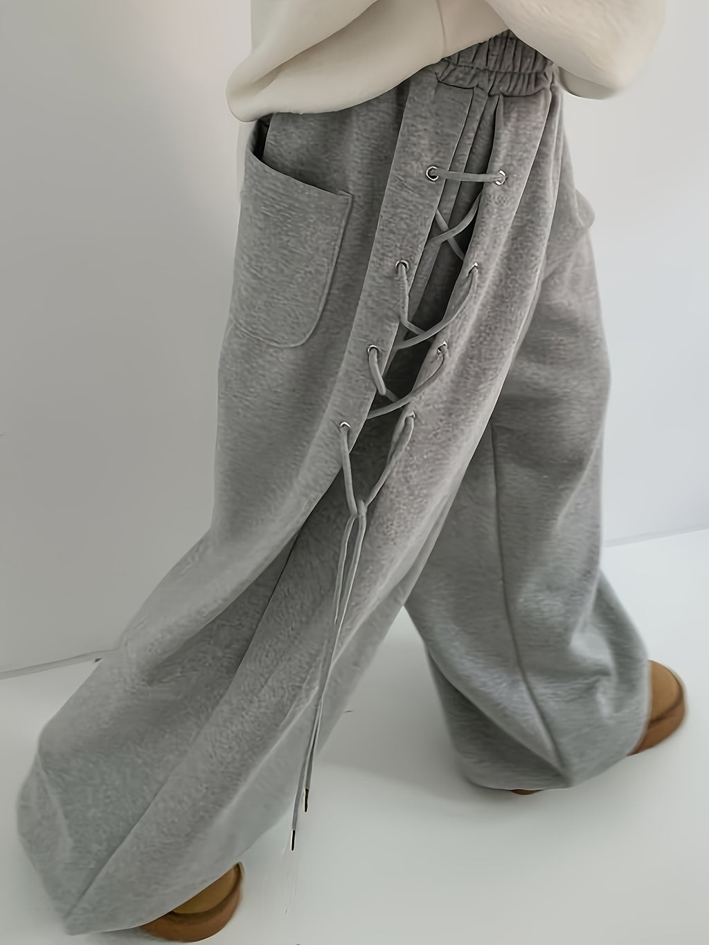 Women's Grey Lace-Up Side Oversized Sweatpants