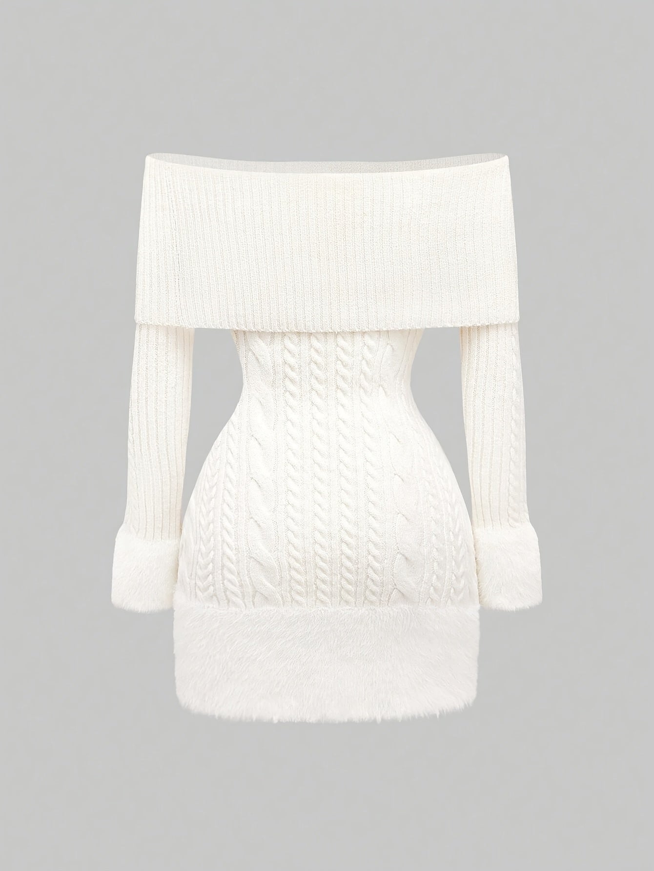 Women's White Off-Shoulder Cable Knit Mini Dress with Faux Fur Trim