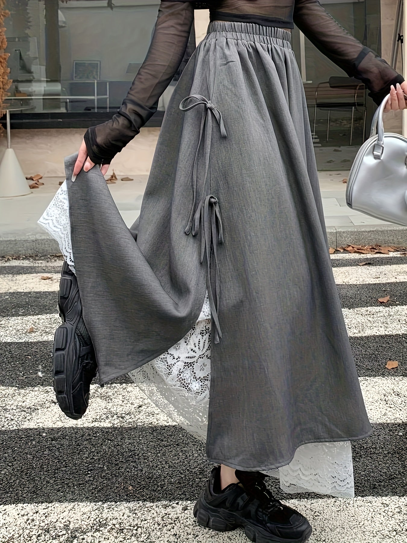 Women's Grey Two-Layer Maxi Skirt with Lace Trim & Side Ties