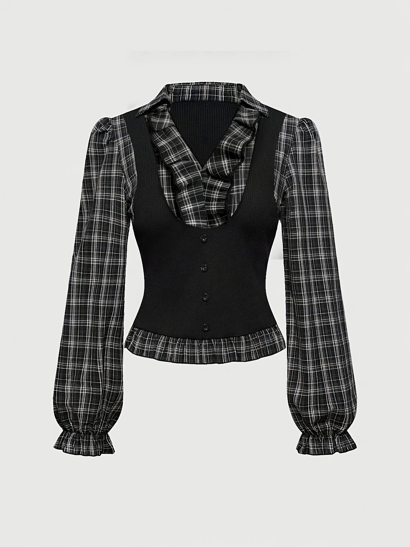 Women's Plaid & Knit Patchwork Fitted Blouse with Ruffle Trim