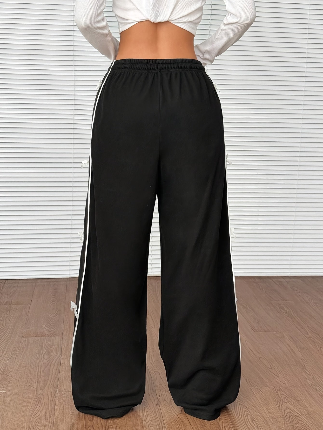Women's Black Wide-Leg Pants with White Bow & Stripe Detail