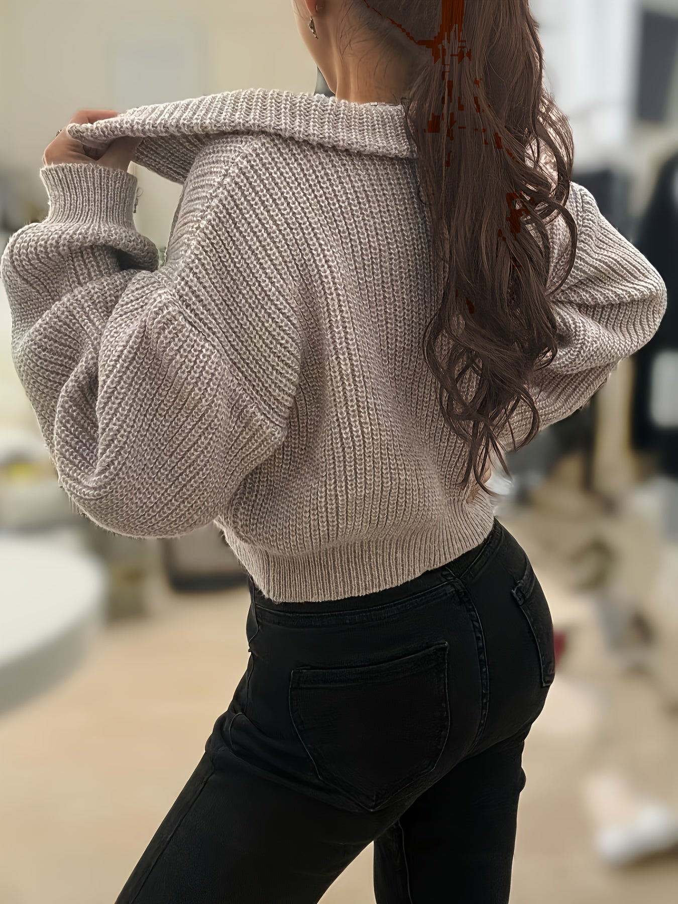 Women's Beige Half-Zip Cropped Knit Sweater