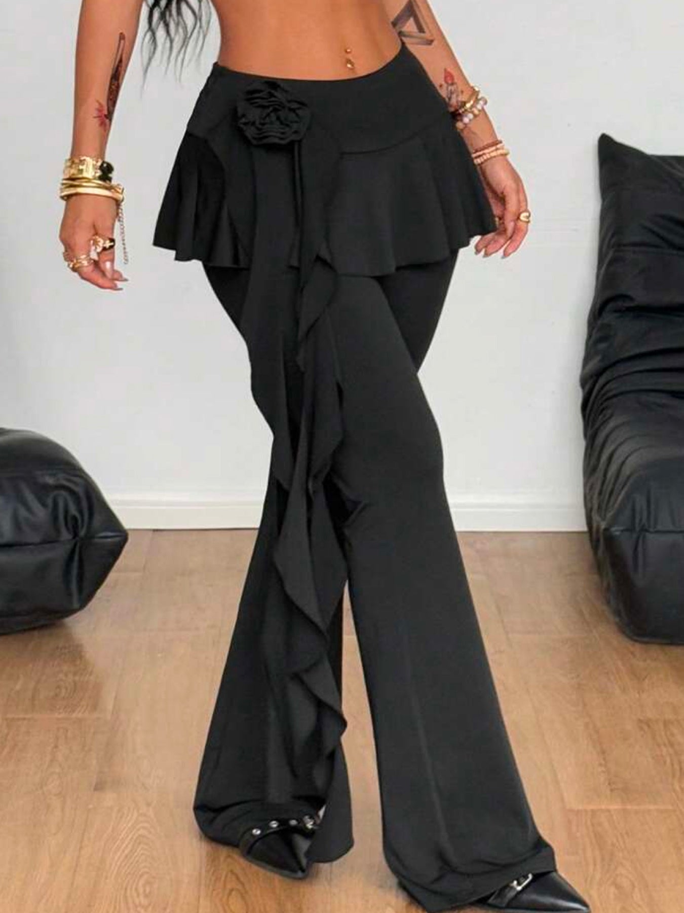 Women's Black Ruffled Flare Pants with Rose Detail