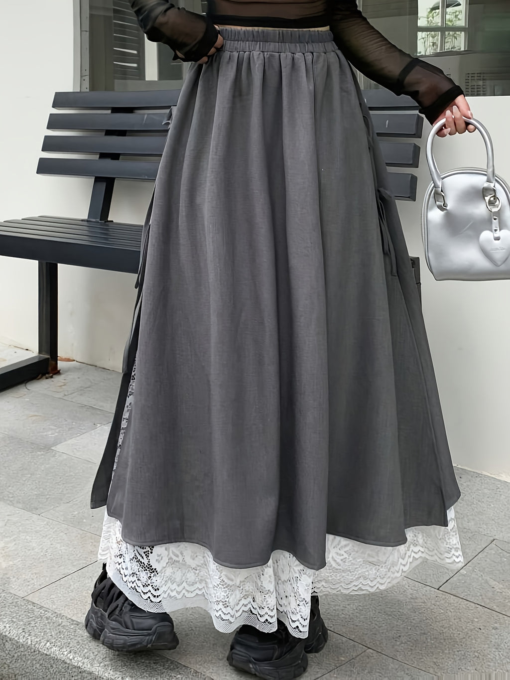 Women's Grey Two-Layer Maxi Skirt with Lace Trim & Side Ties