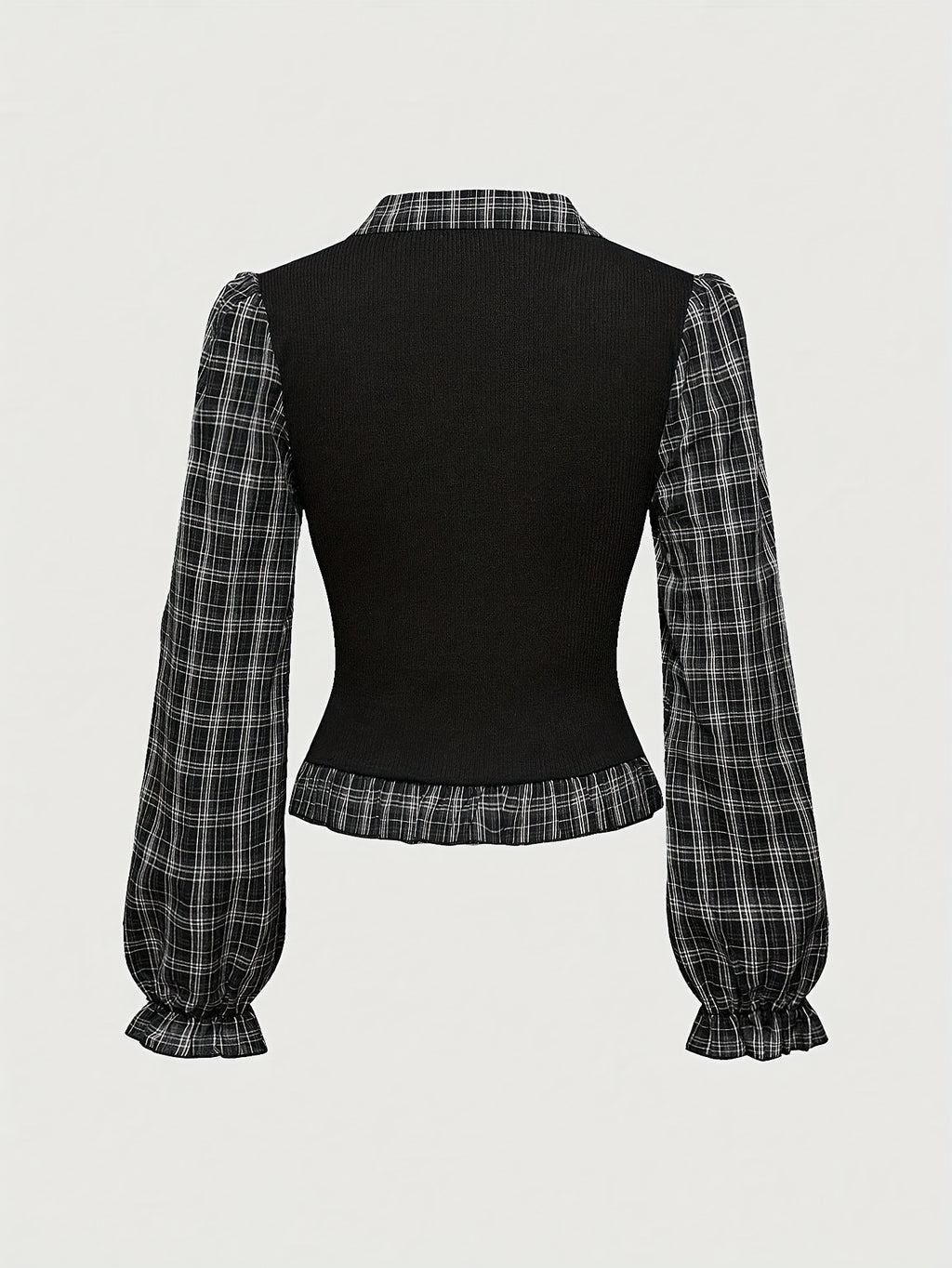 Women's Plaid & Knit Patchwork Fitted Blouse with Ruffle Trim