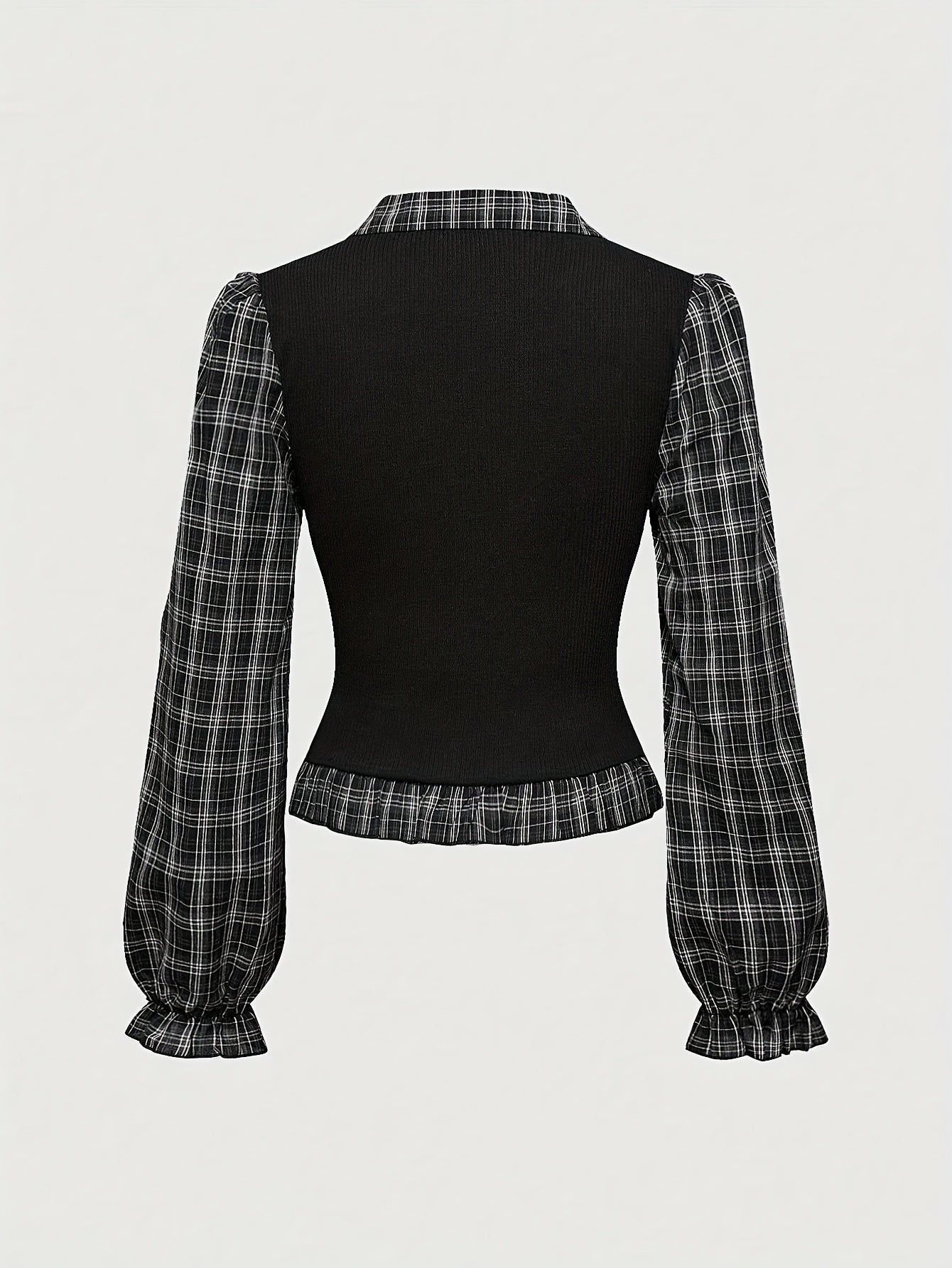 Women's Plaid & Knit Patchwork Fitted Blouse with Ruffle Trim