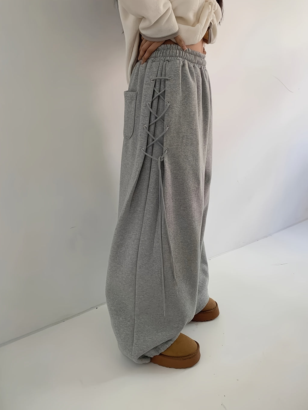 Women's Grey Lace-Up Side Oversized Sweatpants