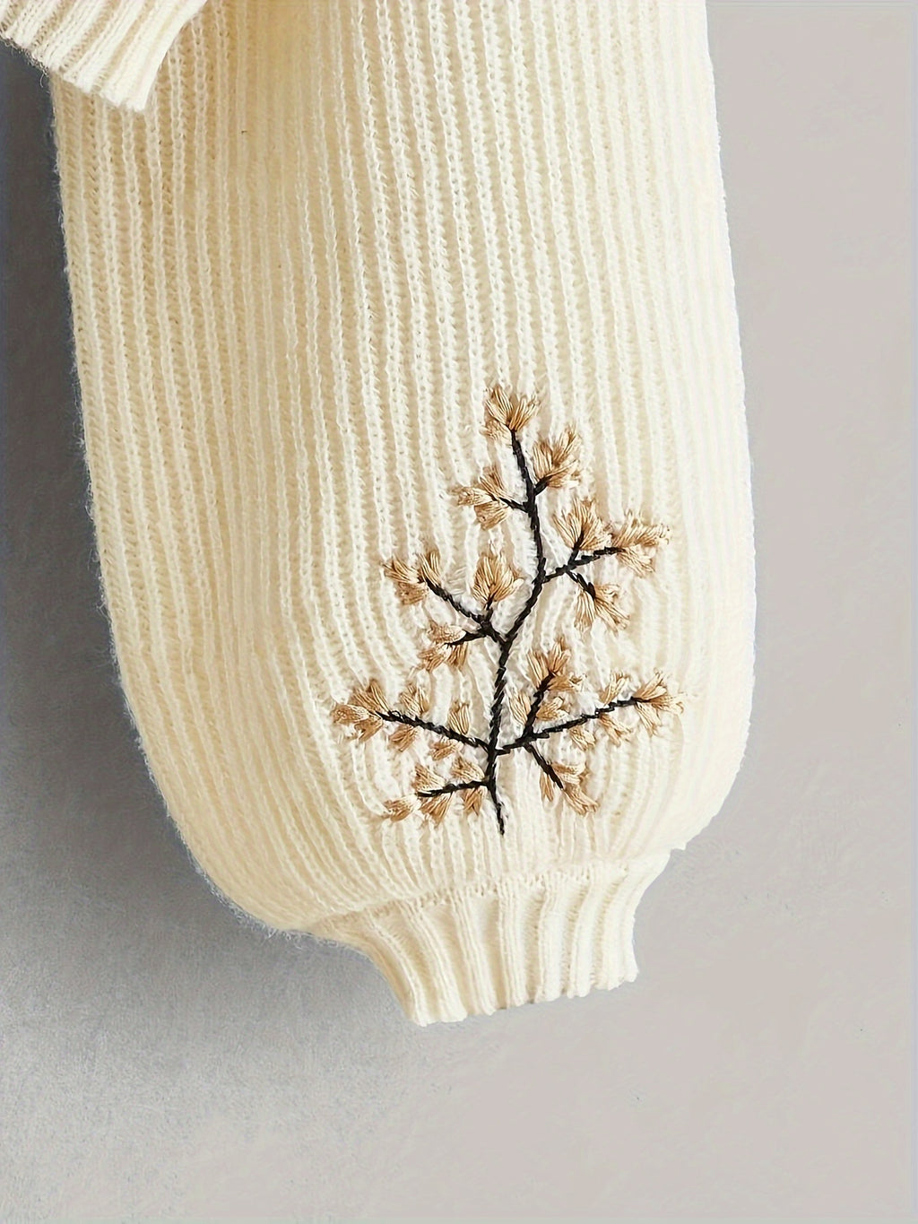 Women's Cream Turtleneck Cropped Sweater with Bee & Floral Embroidery
