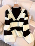 Women's Black & White Striped Cold Shoulder Oversized Knit Sweater