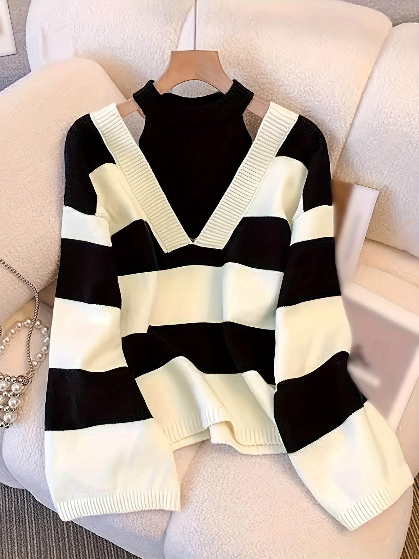Women's Black & White Striped Cold Shoulder Oversized Knit Sweater