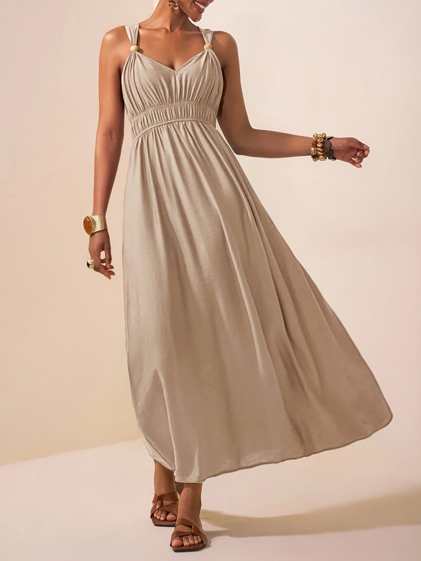 Women's Beige Sleeveless Halter Maxi Dress with Bead Detail