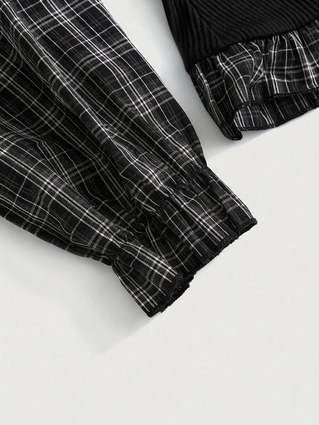 Women's Plaid & Knit Patchwork Fitted Blouse with Ruffle Trim