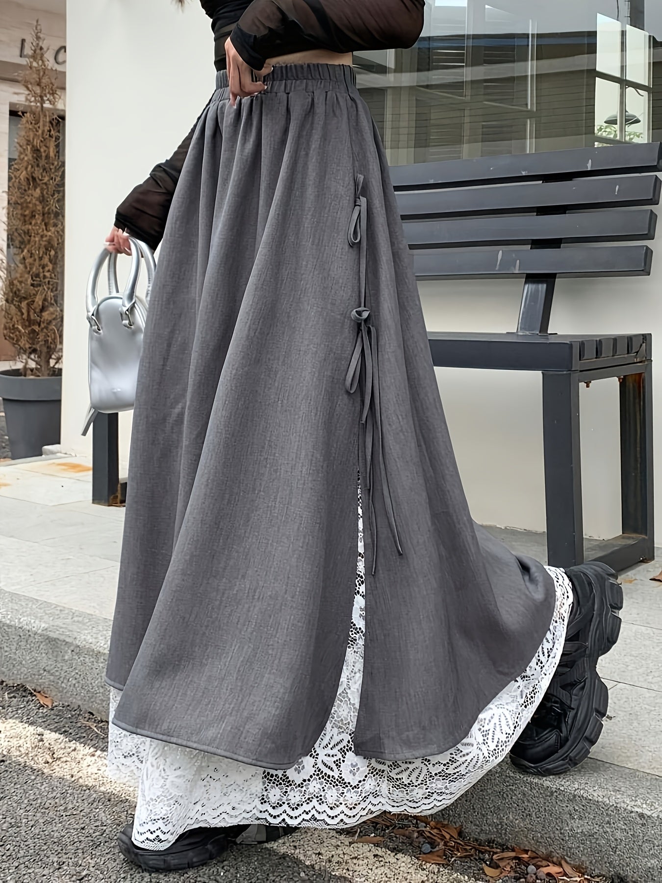 Women's Grey Two-Layer Maxi Skirt with Lace Trim & Side Ties