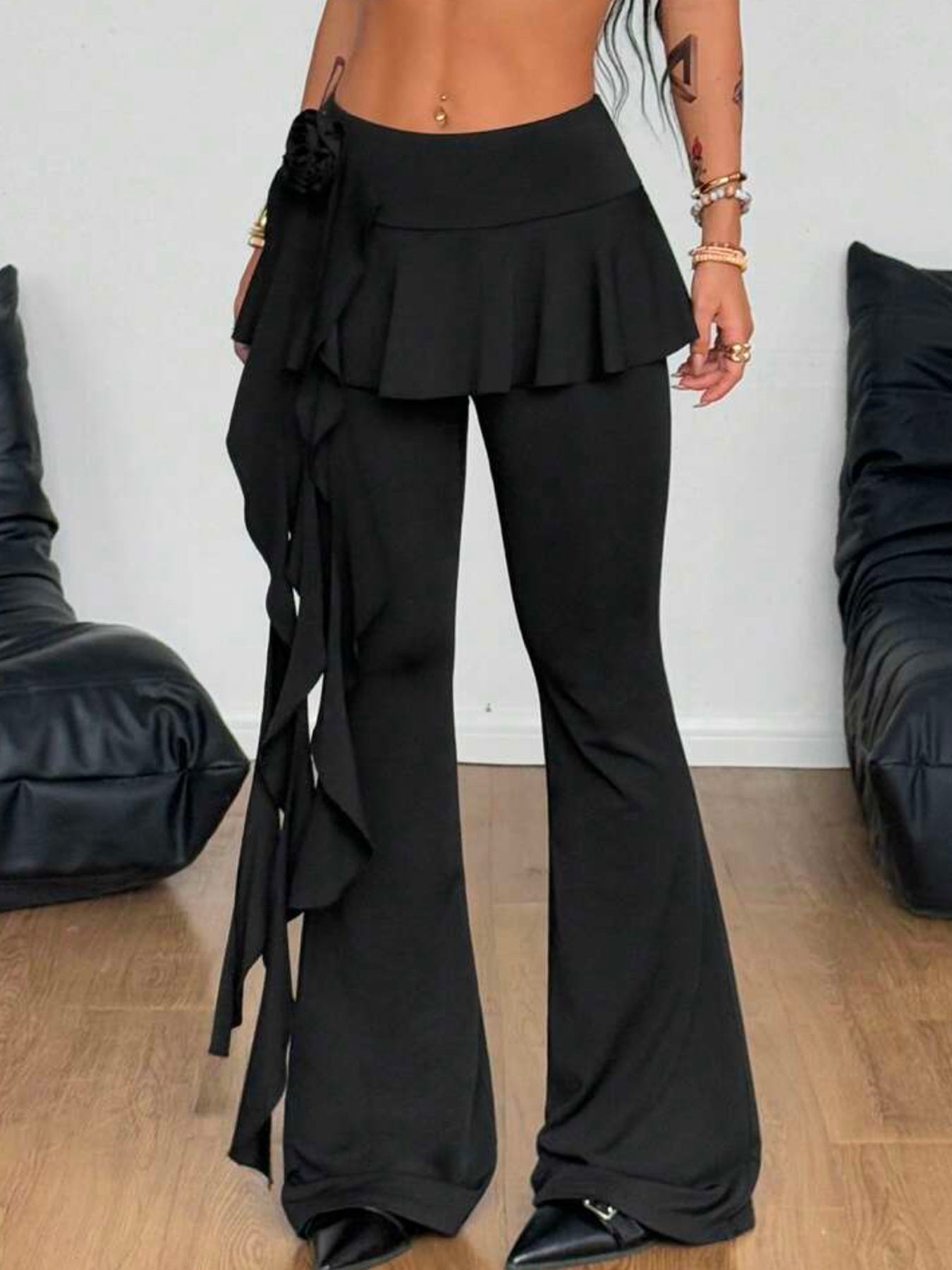 Women's Black Ruffled Flare Pants with Rose Detail