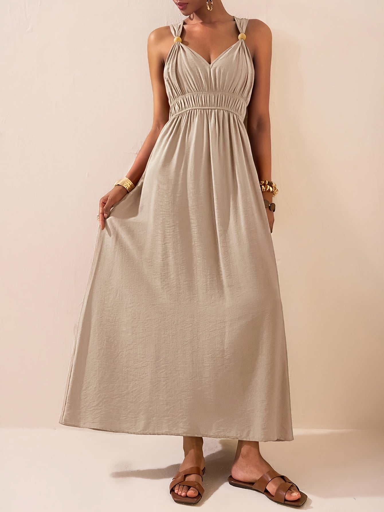 Women's Beige Sleeveless Halter Maxi Dress with Bead Detail