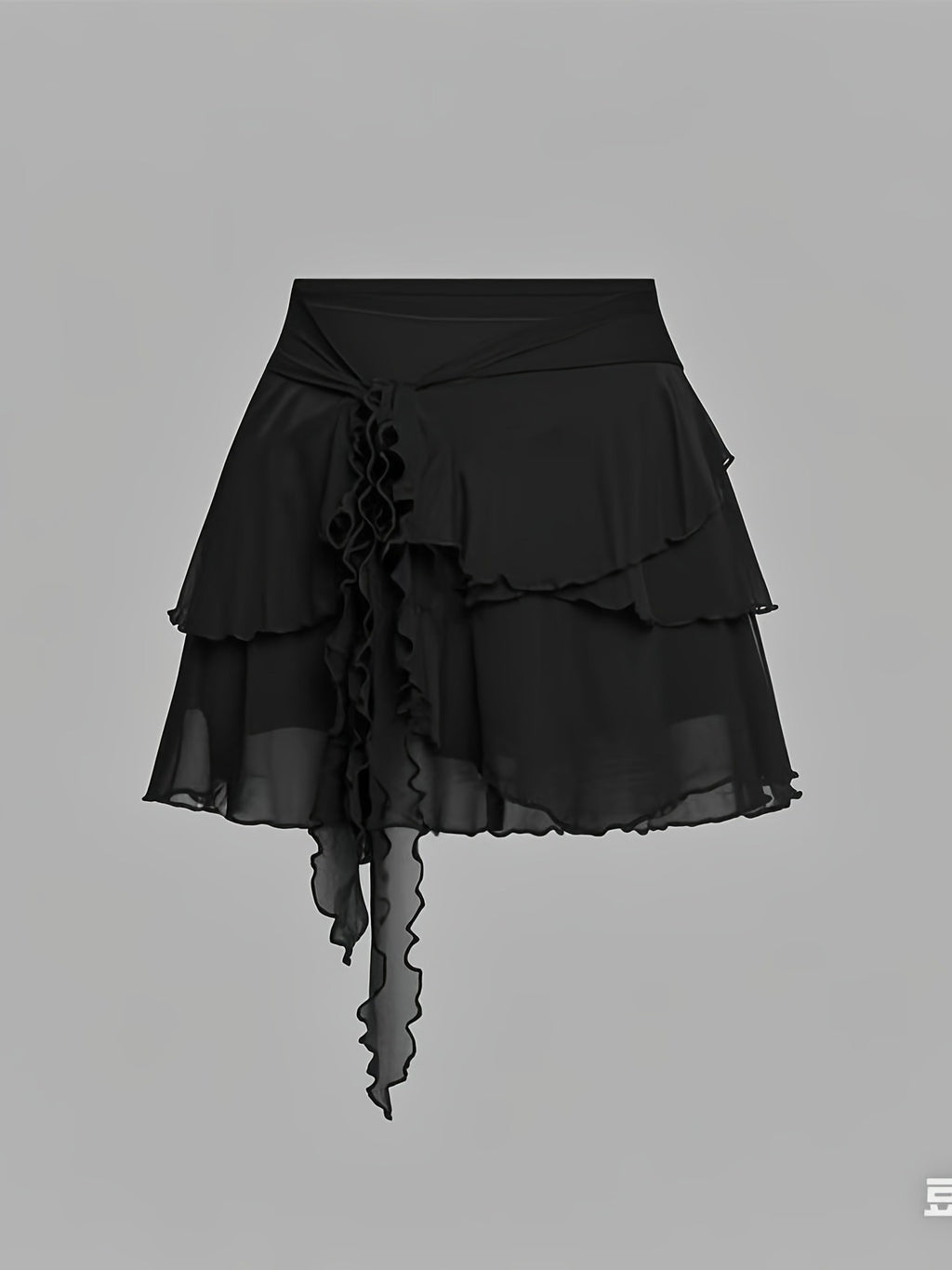 Women's Black Chiffon Ruffle Asymmetric Mini Skirt with Tie Detail