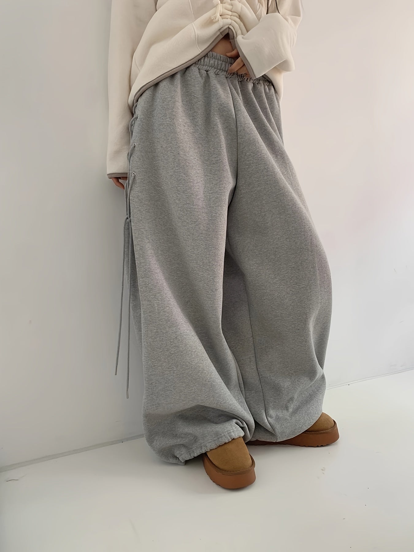 Women's Grey Lace-Up Side Oversized Sweatpants
