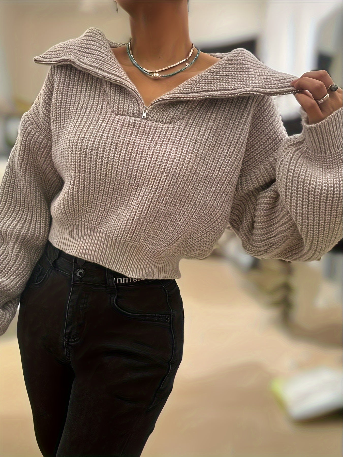 Women's Beige Half-Zip Cropped Knit Sweater