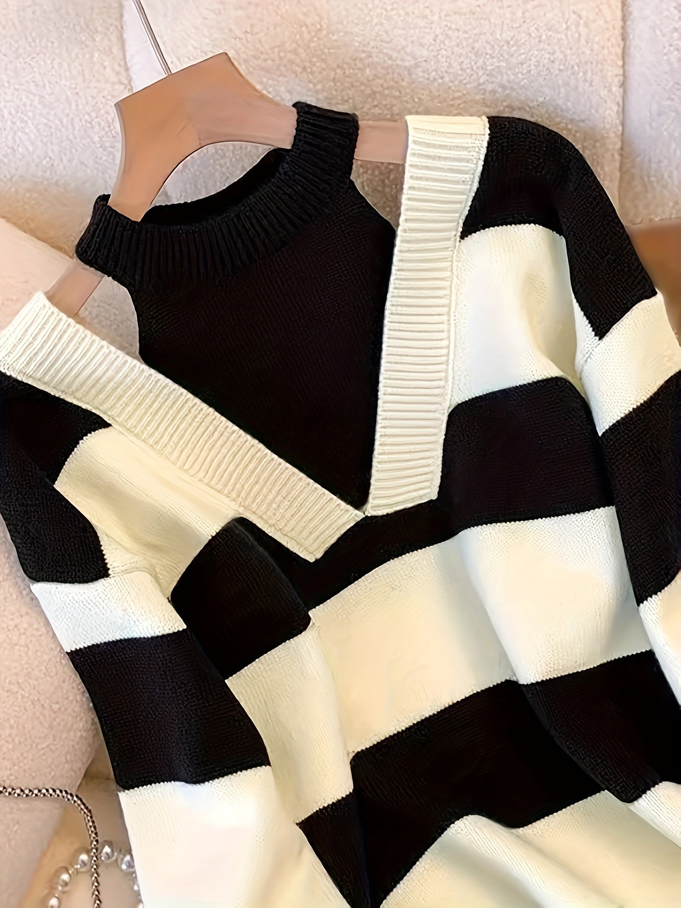 Women's Black & White Striped Cold Shoulder Oversized Knit Sweater