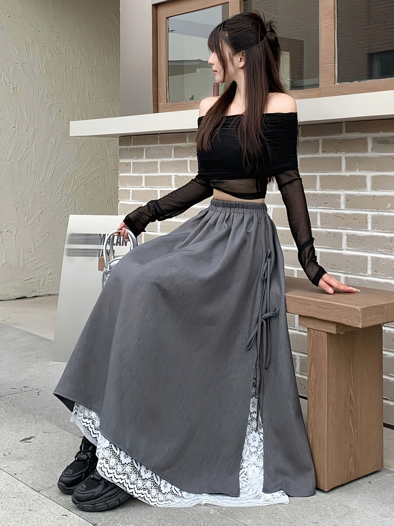 Women's Grey Two-Layer Maxi Skirt with Lace Trim & Side Ties
