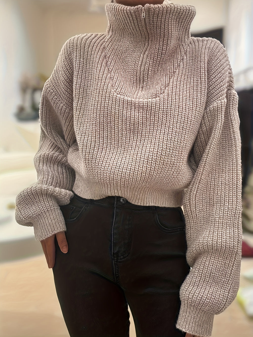Women's Beige Half-Zip Cropped Knit Sweater