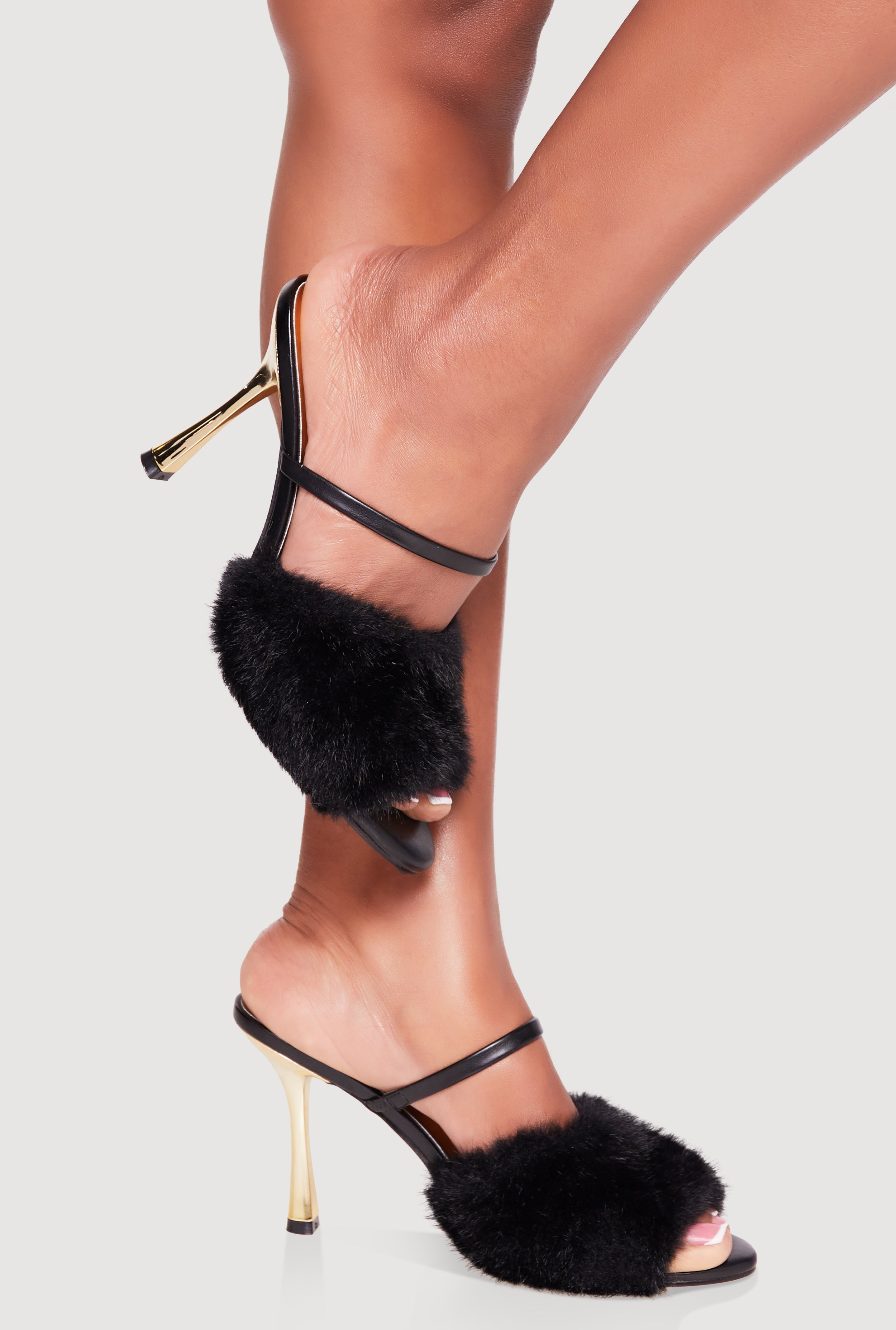 Faux Fur Band Peep Toe High Heel Mules