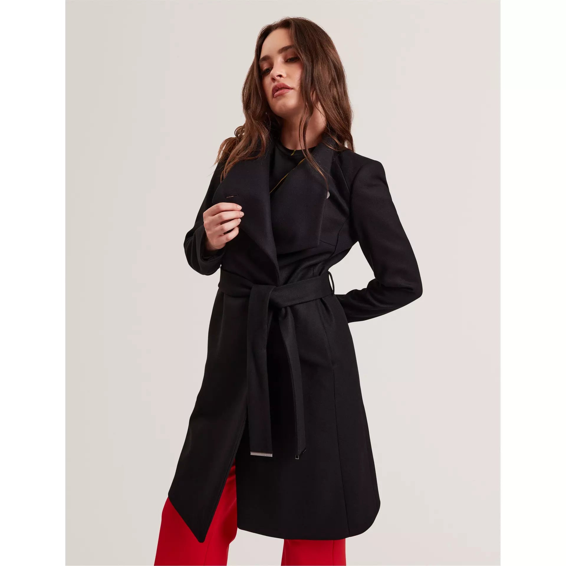Womens Rose Belted Midi Wool Long Sleeve Coat