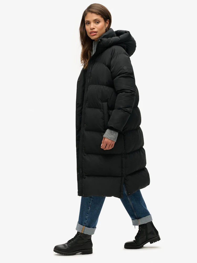 Black Longline Hooded Puffer Coat