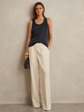 Reiss Cream Eden Elasticated-Waist Wide-Leg Twill Trousers