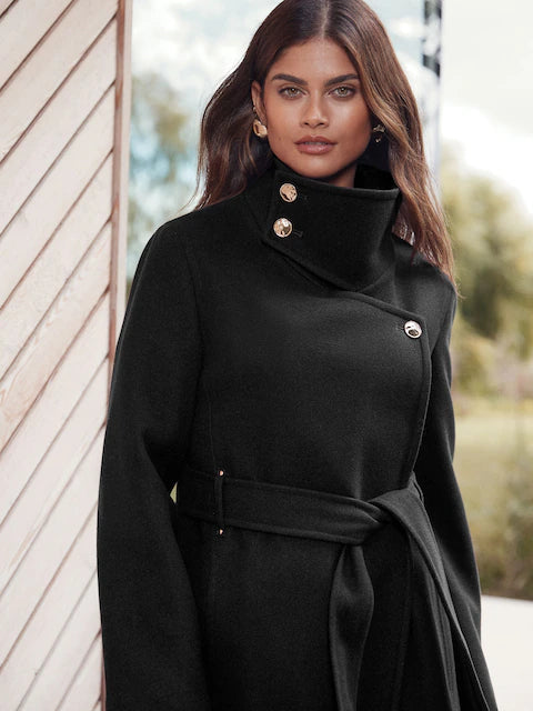 lack Asymmetrical Funnel Neck Belted Coat
