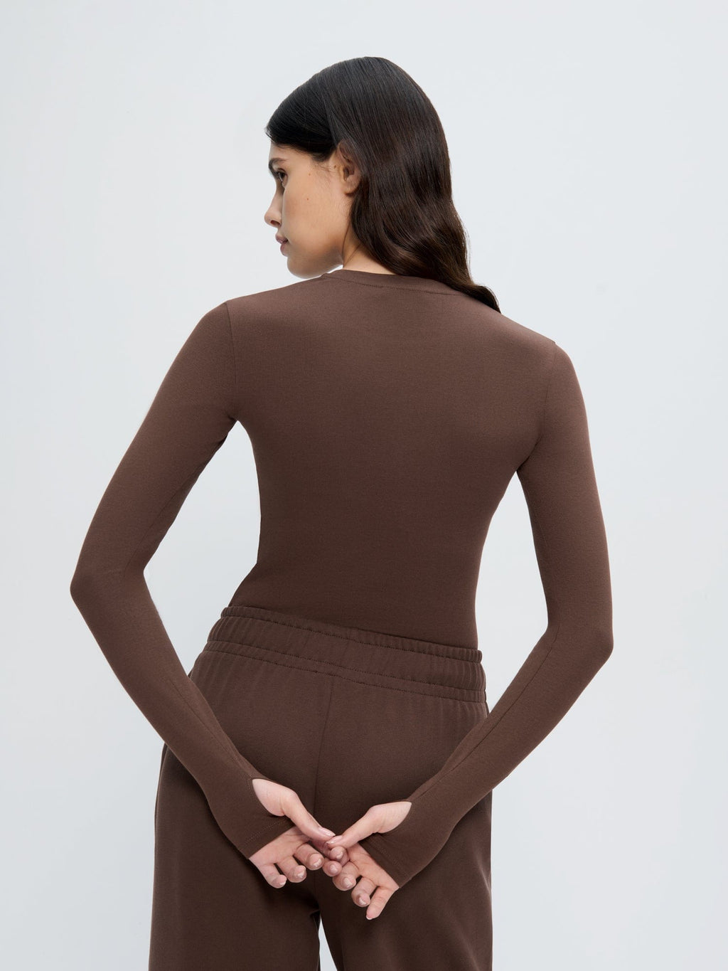 Womens Cotton-Stretch Long-Sleeved Top—Mahogany Brown