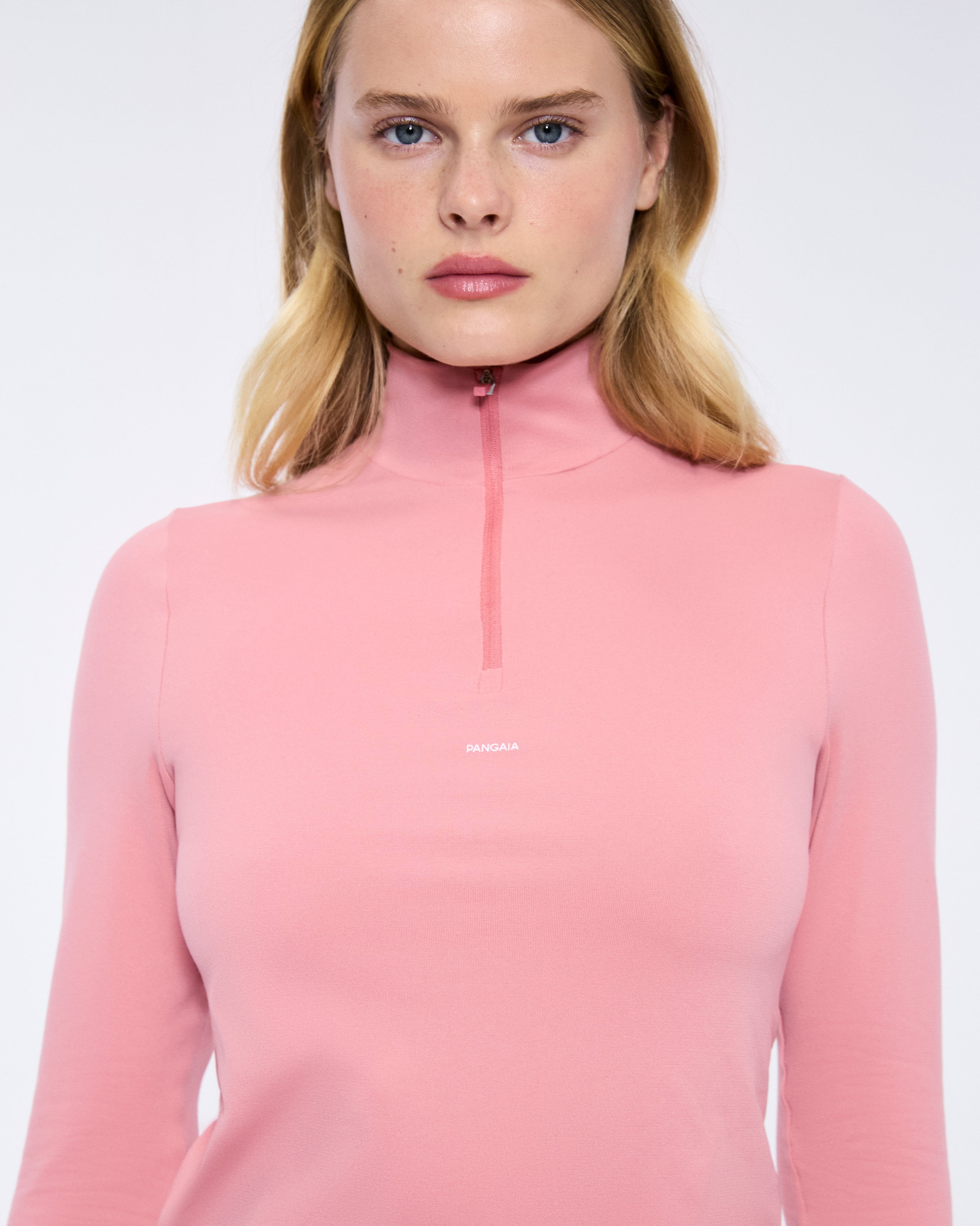 Womens 99% Bio-Based Zipped Long Sleeve Top—Dewy Rose