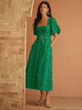 Love & Roses Green Tufted Palm Puff Sleeve Midi Dress