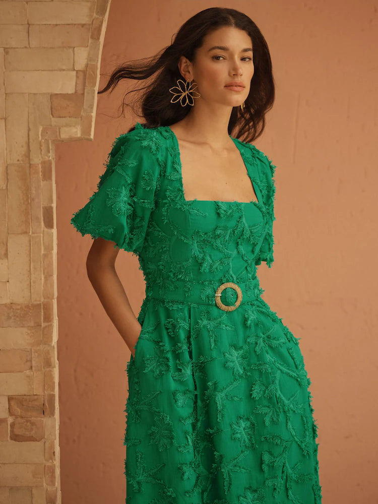 Love & Roses Green Tufted Palm Puff Sleeve Midi Dress